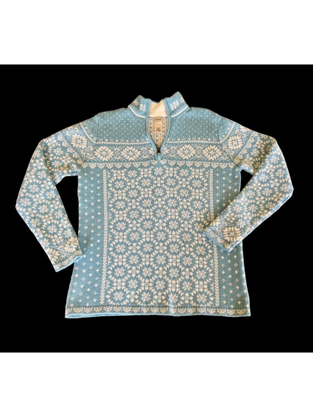 L.L. Bean Nordic Blue Snowflake Quarter Zip Cotton Sweater Large Gorpcore Cabin